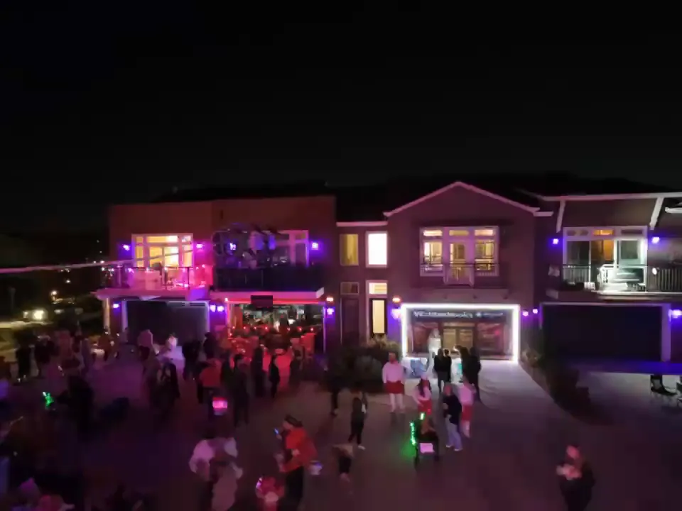 An aerial view of the court at night, the street full of visitors in front of houses lit pink and white, the Starcourt Mall sign in the corner.