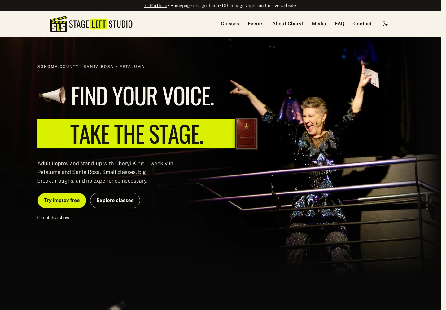 Stage Left Studio homepage, with theatrical curtains framing Find your voice. Take the stage.