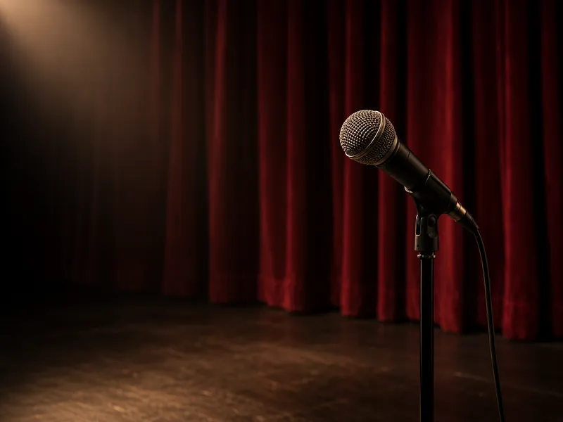 A microphone waiting on an empty theater stage